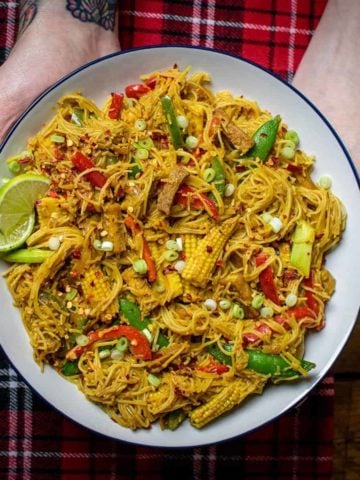 A big plate full of vegan Singapore noodles being held by Dan's hands out for the photograph to be taken.