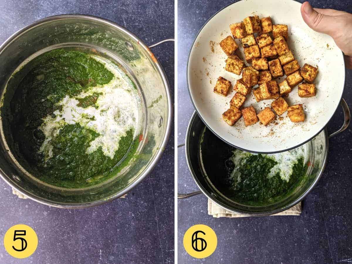 A pan with green and white sauce, fried tofu in a bowl held over the pan.