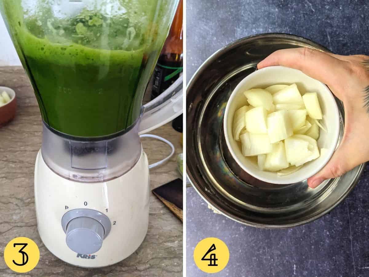 A blender with green liquid in it and onions in a bowl held over a pan.