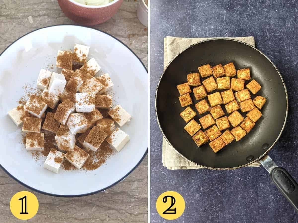 Two images showing tofu in a bowl with seasoning and being fried in a pan.