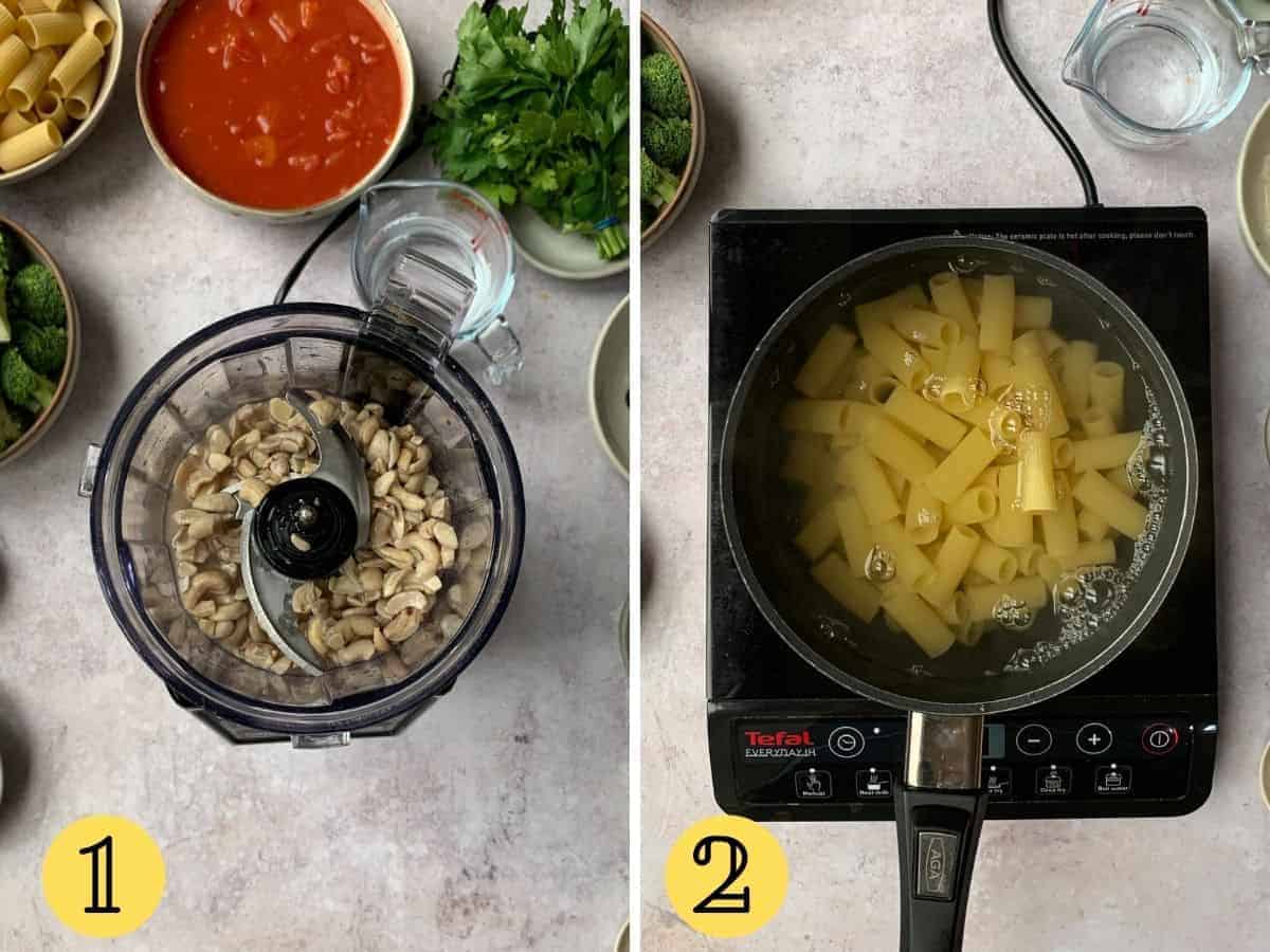 Cashews in a blender and pasta in water in a pan