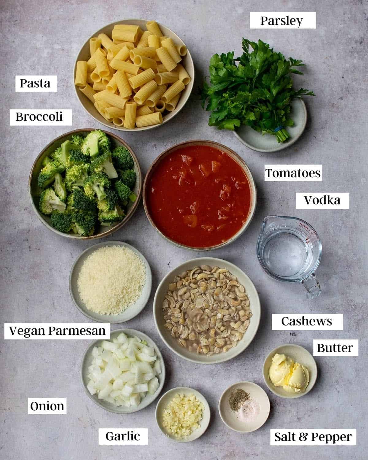 Ingredients in bowls, labelled with text