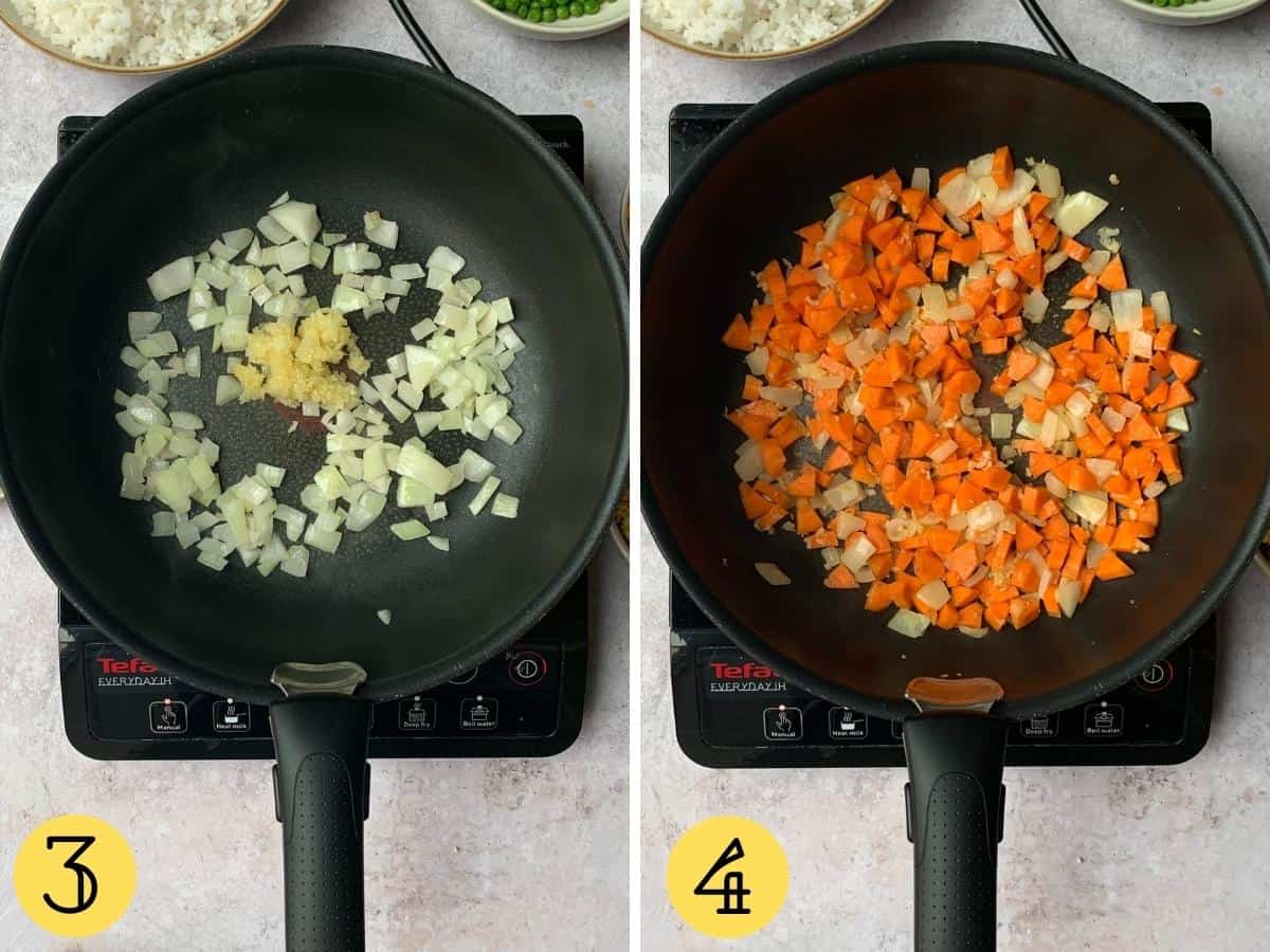 Onions, garlic and carrot in a wok cooking on a hob.