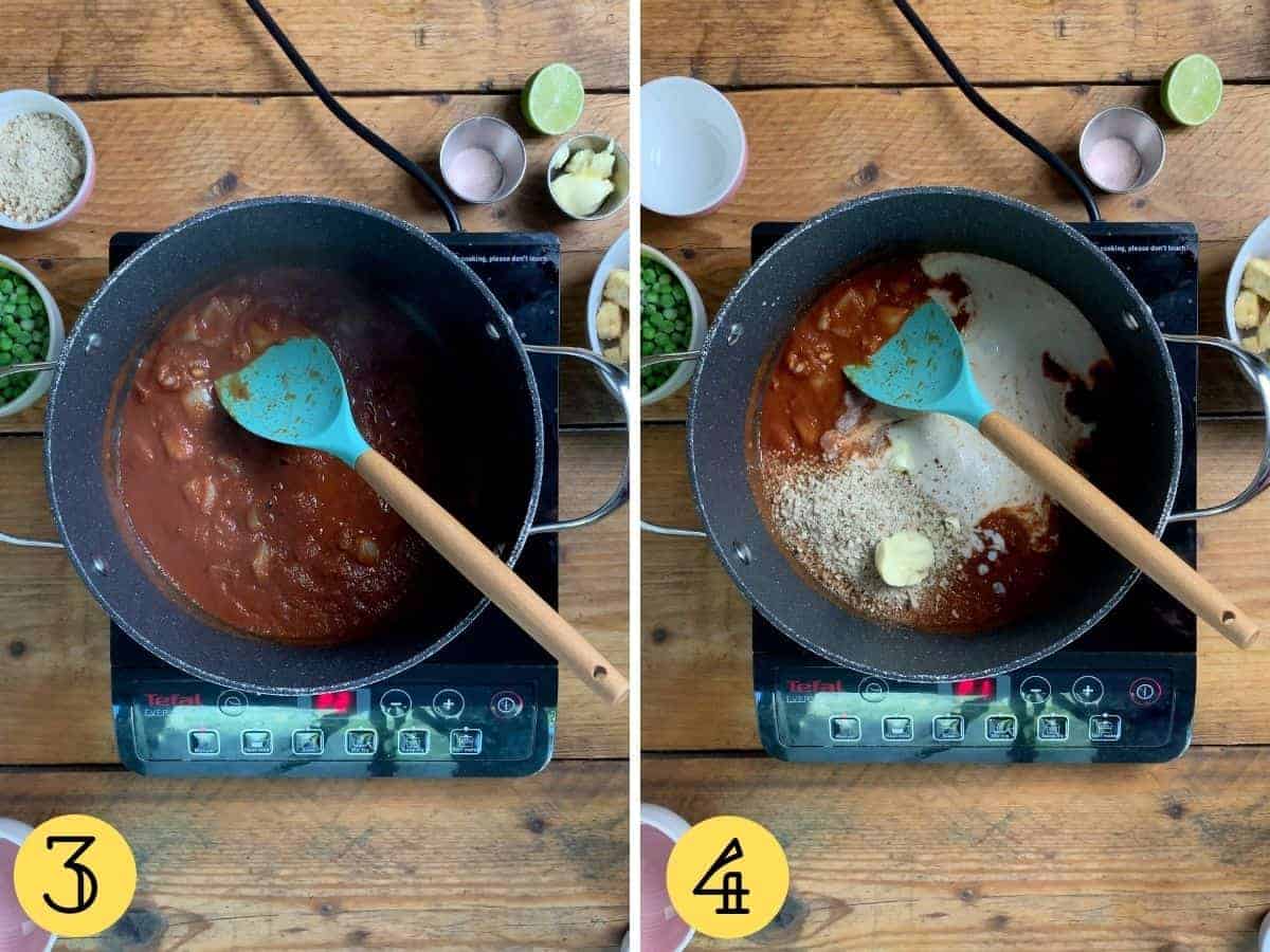 Two images, one showing passata in a pan, another with sauce, butter, oat cream and ground almonds