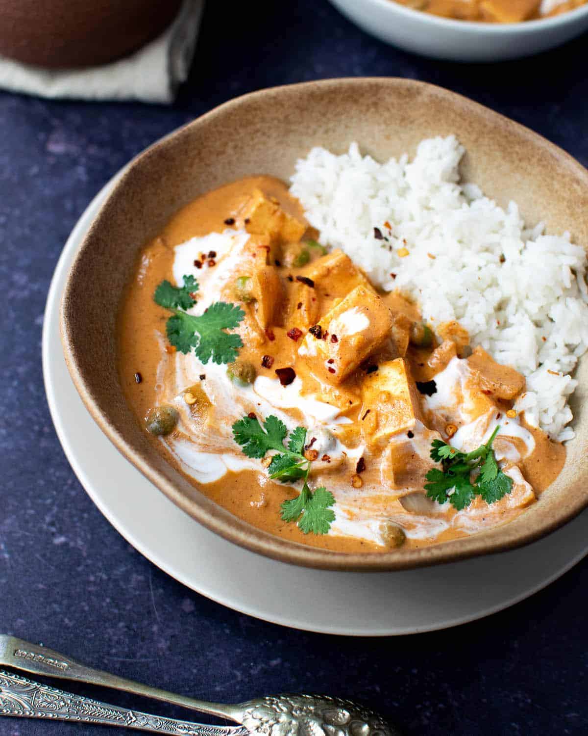 Close up view of tofu makhani in a bowl