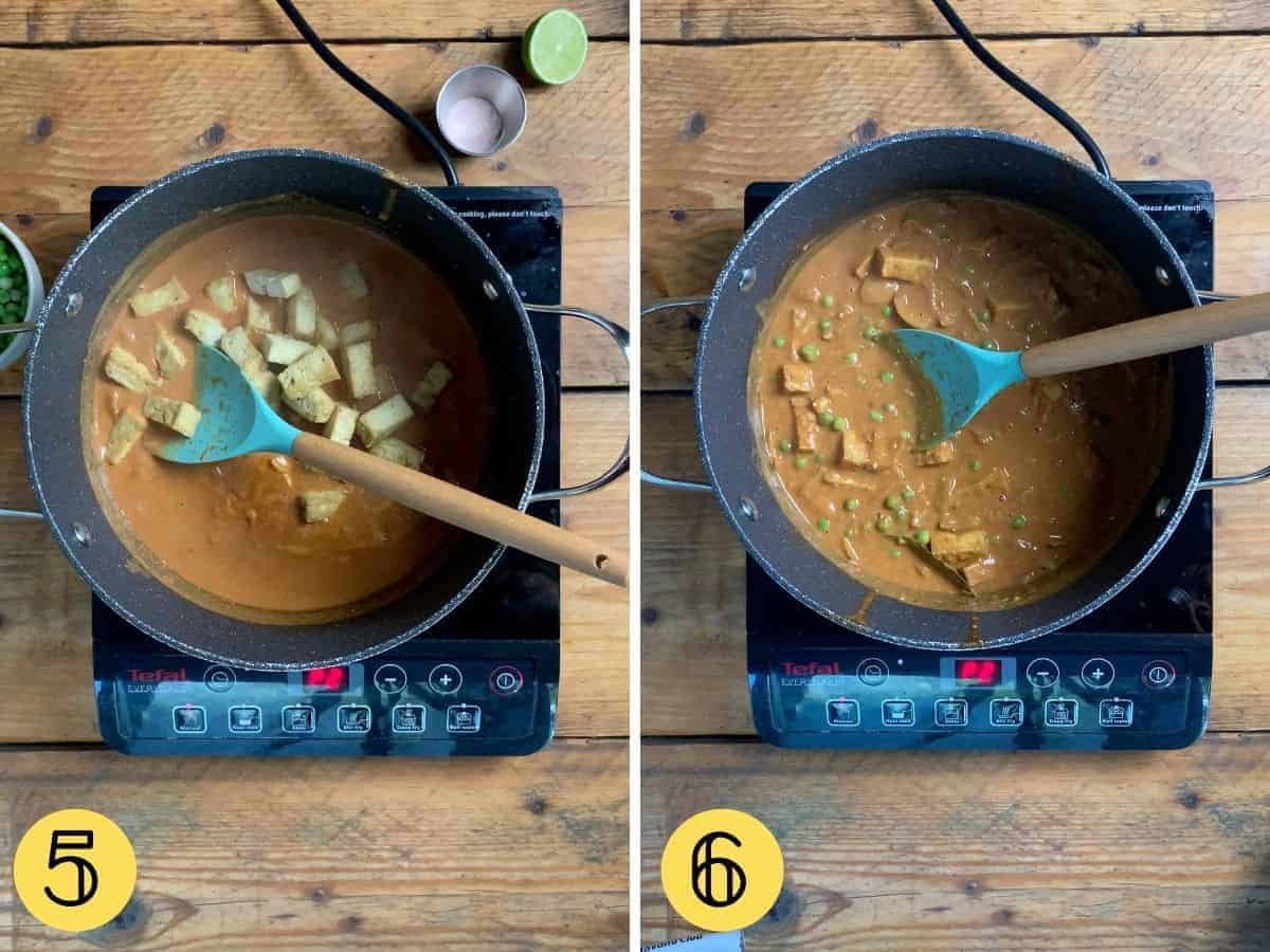 Two images, one showing a pan with tofu and curry sauce, another showing the vegan butter chicken with peas, all mixed together