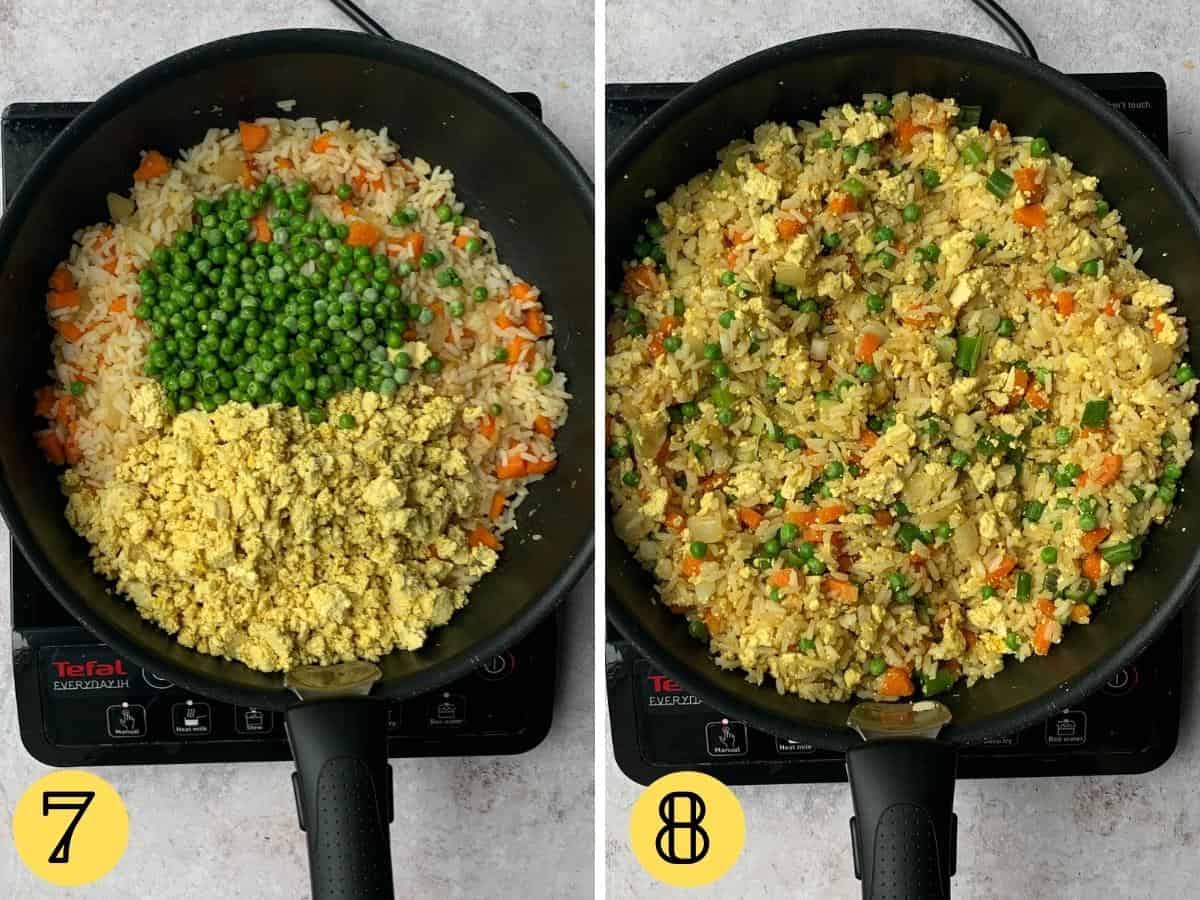 Scrambled tofu and peas on top of rice in a wok and then mixed in on a second photo.