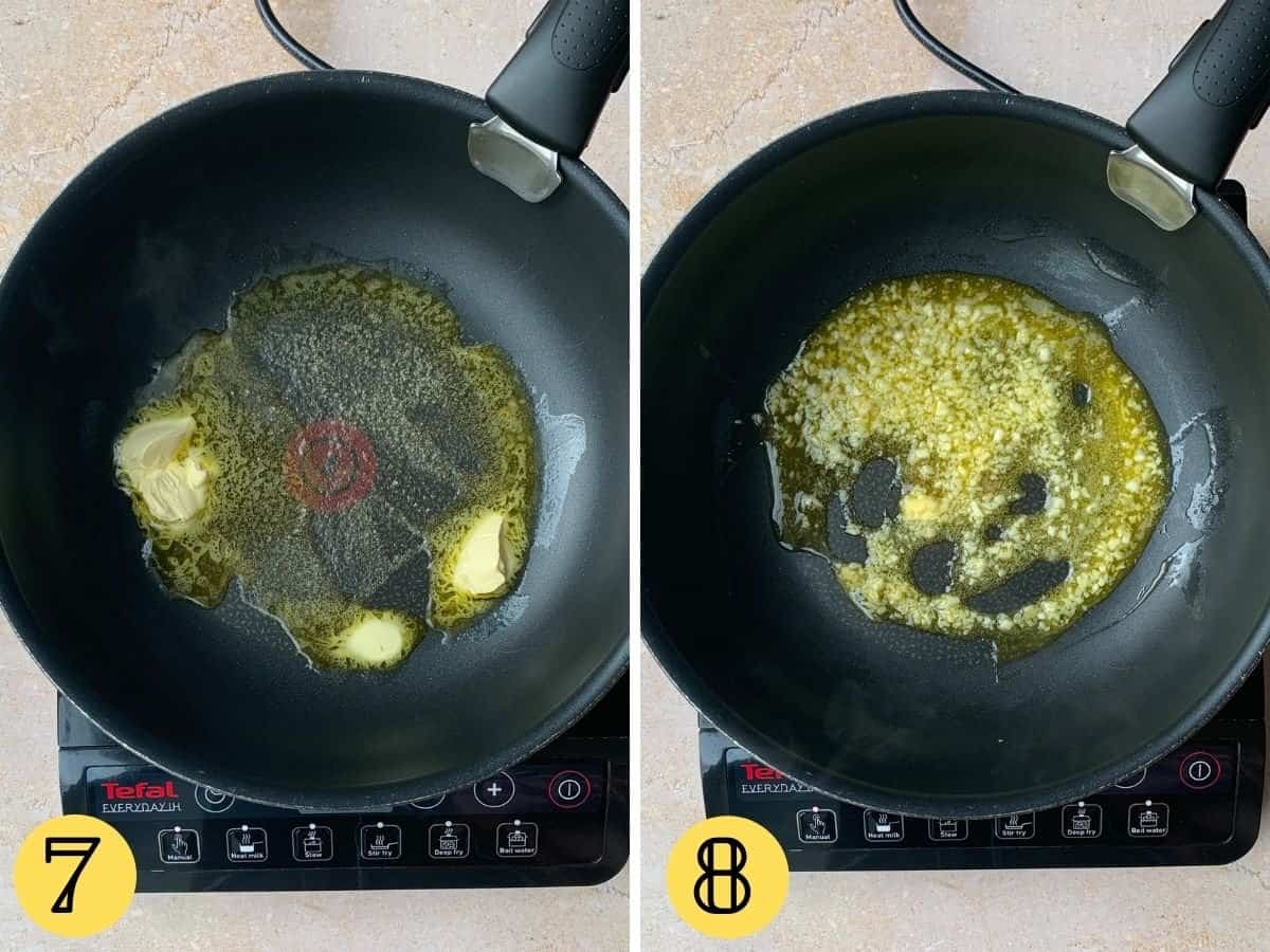 Melted vegan butter in a pan, second photo that shows garlic has been added.
