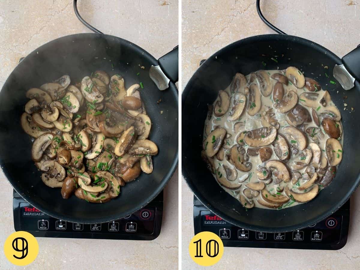 Mushrooms and chives in a pan, and a second photo with vegan creme fraîche added.