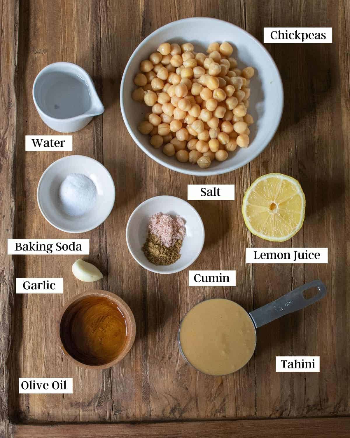 Ingredients for hummus laid out on a table