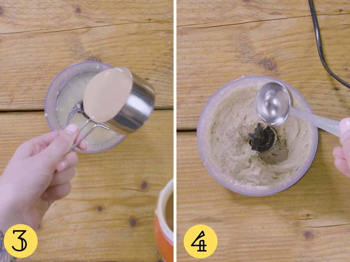 Two top down photographs of a blender making hummus - step 3 and 4