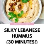 Pinterest image with a title in bottom half and hummus photo at the top