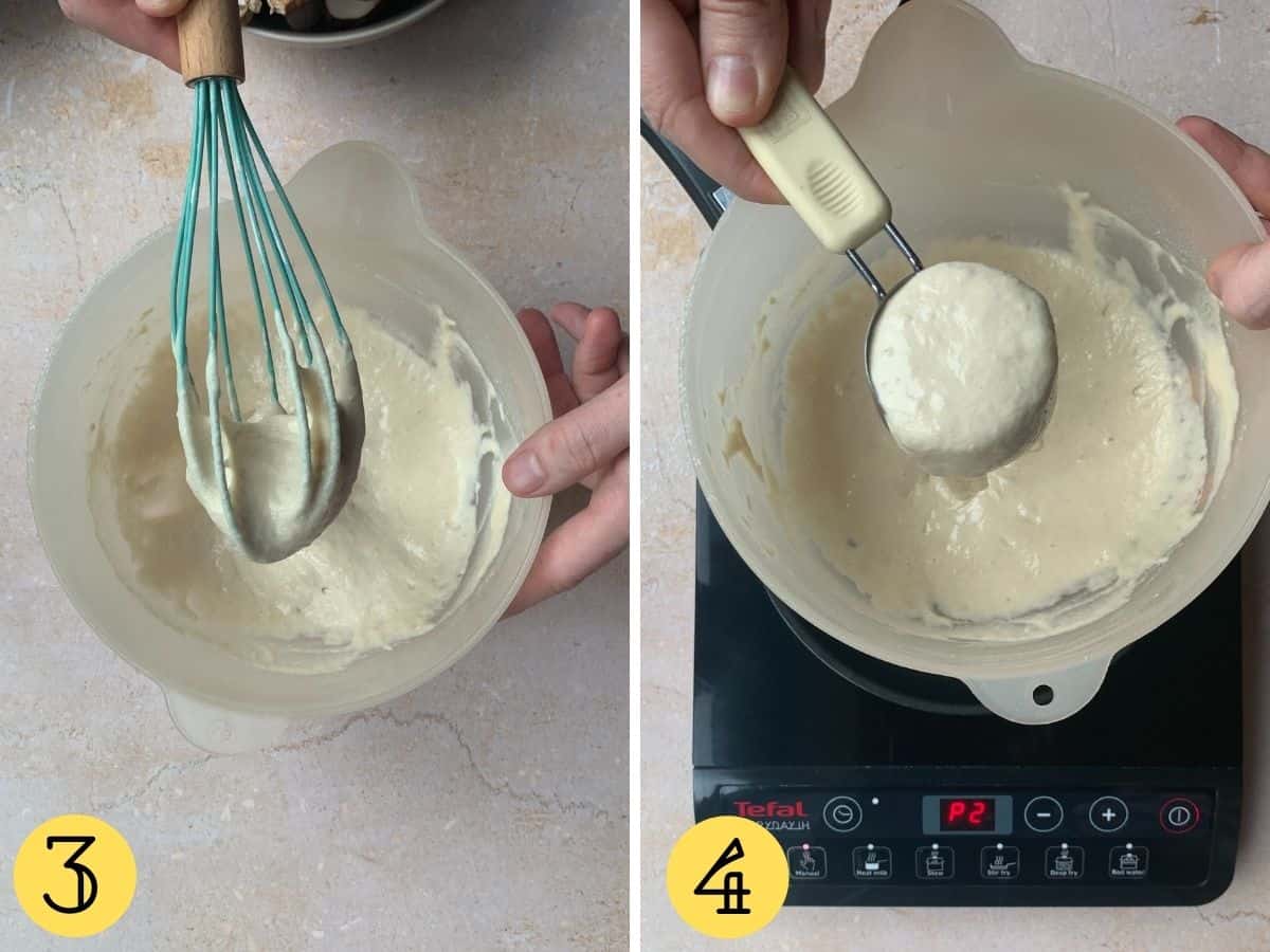 Pancake batter on a whisk, and being scooped out of the bowl using a quarter cup.