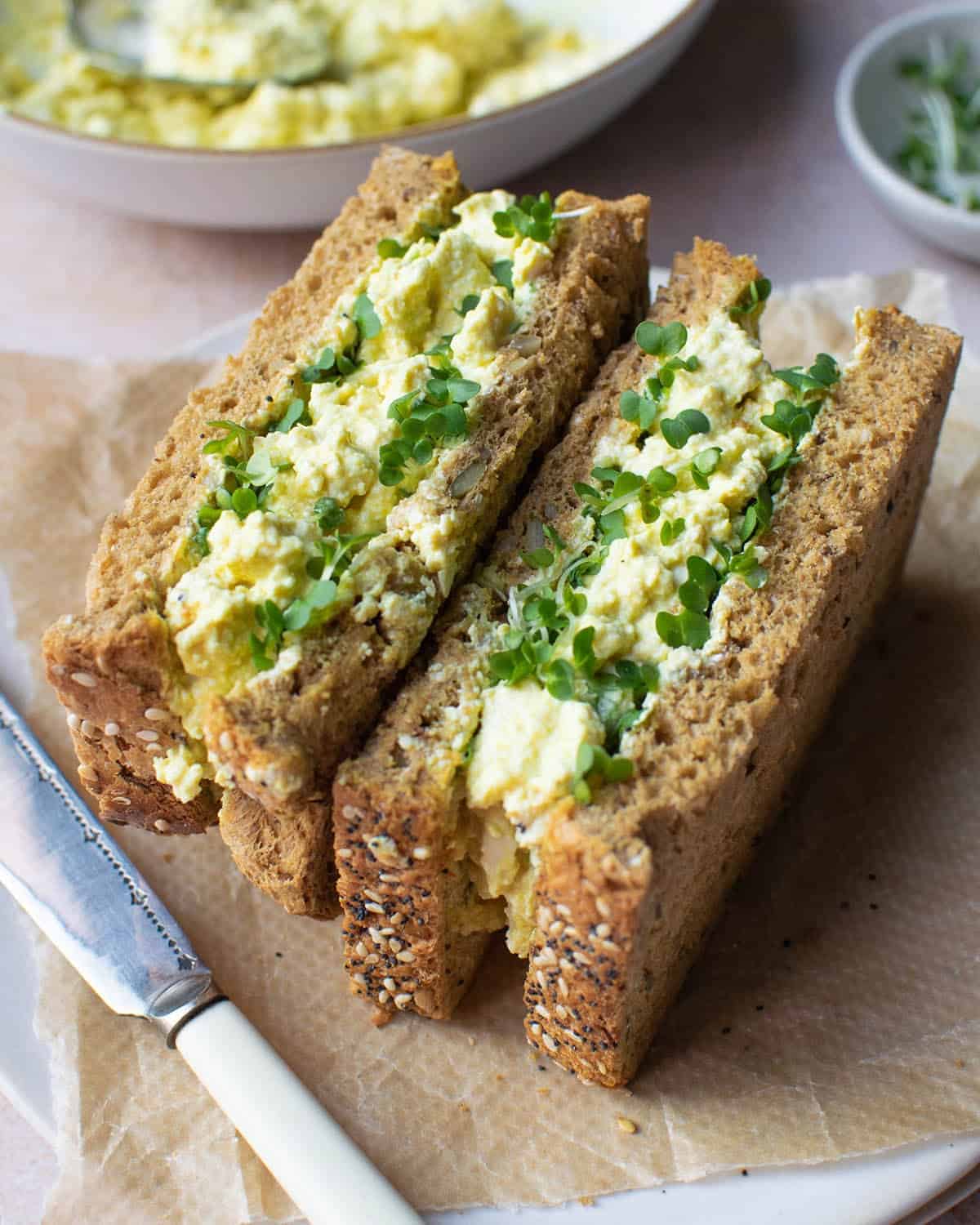 Vegan egg mayo sandwich cut in half