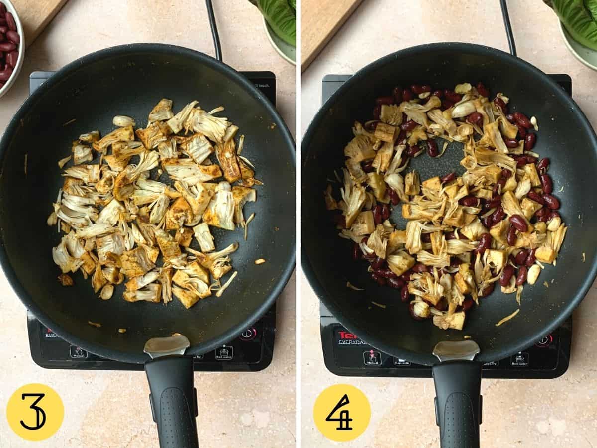 Jackfruit pulled apart in a pan, kidney beans added in on the second photo.