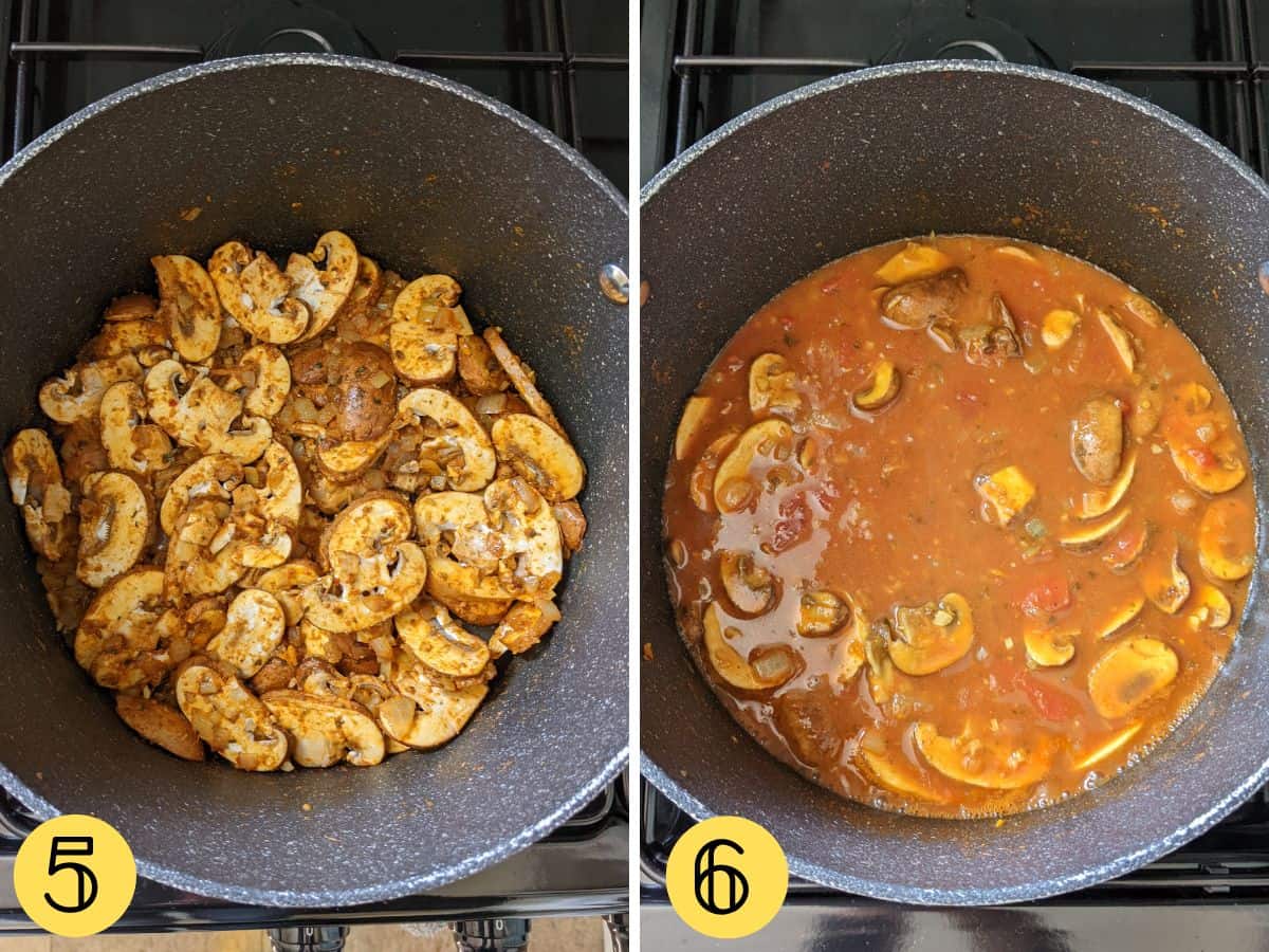 Mushrooms, curry paste and chopped tomatoes in a large pan.