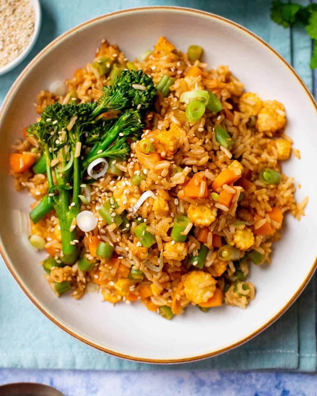 Close up of vegan kimchi fried rice in a bowl