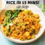 Pinterest image with a title at the top and kimchi fried rice in a bowl