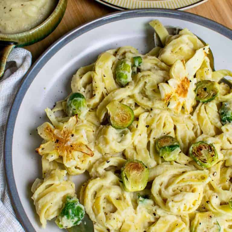 Creamy vegan cauliflower Alfredo on a plate with sprouts
