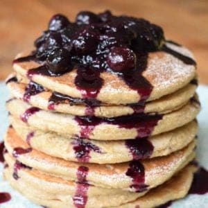 3-ingredient vegan pancake stack with blueberry syrup