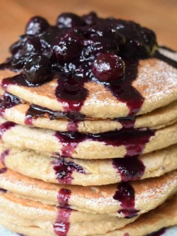 3-ingredient vegan pancake stack with blueberry syrup