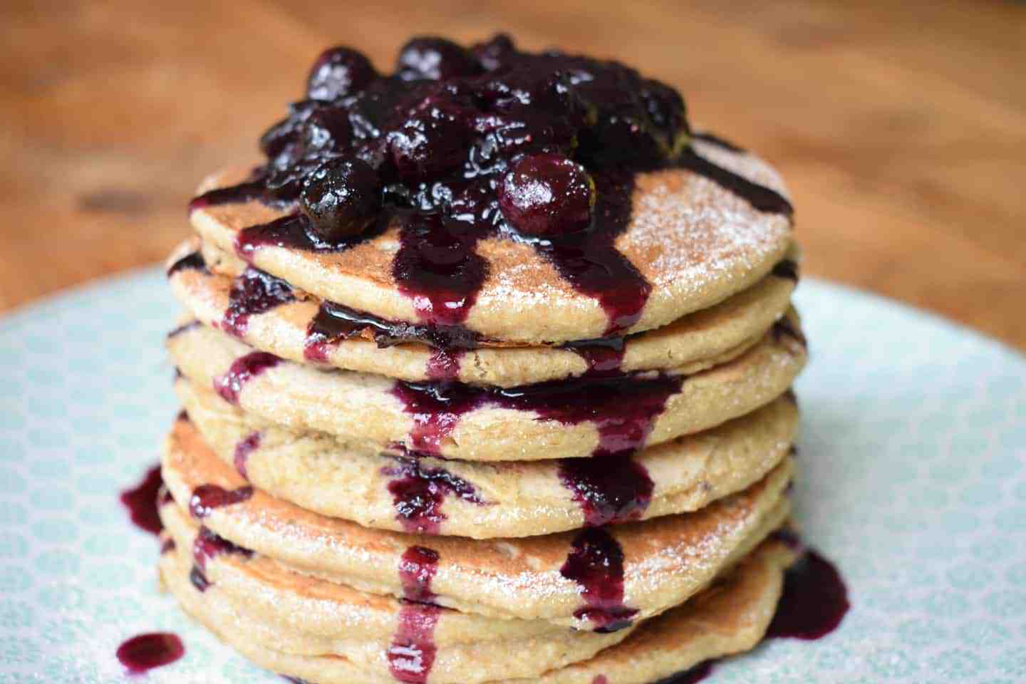 3-ingredient vegan pancake stack with blueberry syrup