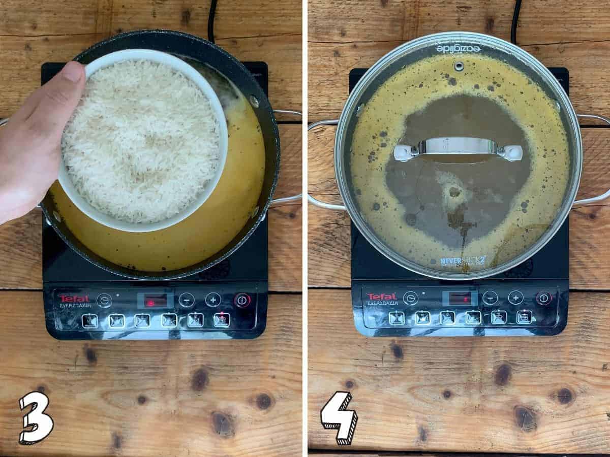 Two images side by side, one with a bowl of rice above a pan, the other showing a pan with a lid on it