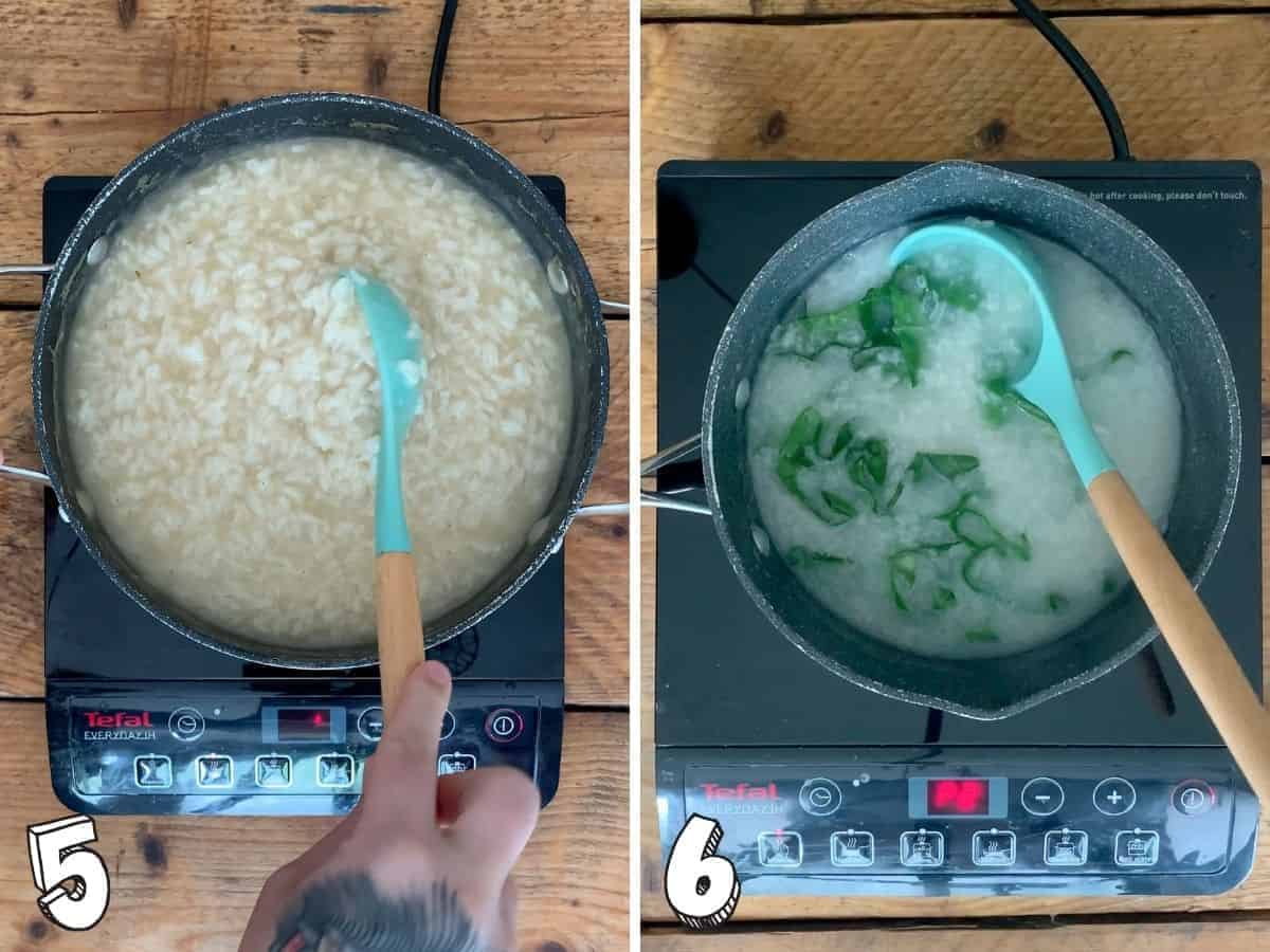 Two images of vegan congee side by side, the one of the left shows a hand stirring the pot, the one of the right has the spoon resting in the pot and spring greens in it too