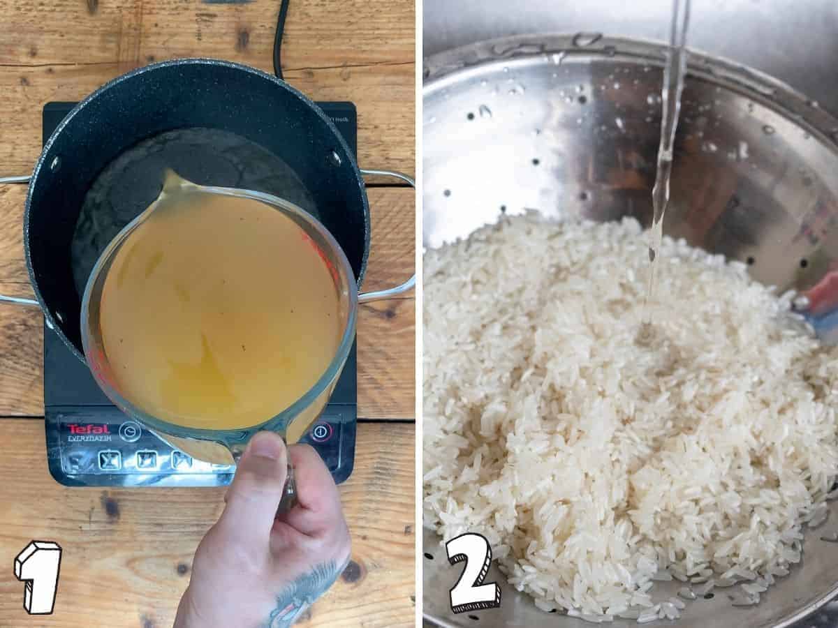 Two images side by side, one showing a jug pouring stock into a pan, the other showing rice being rinsed in a sieve