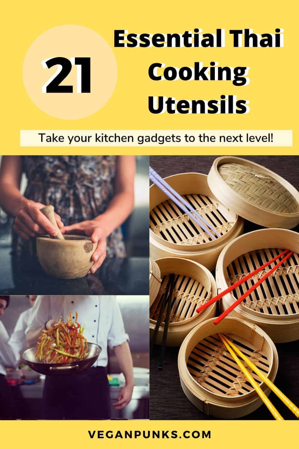 Pinterest image showing a collage of cooking utensils like steamers, chopsticks, a wok and pestle and mortar