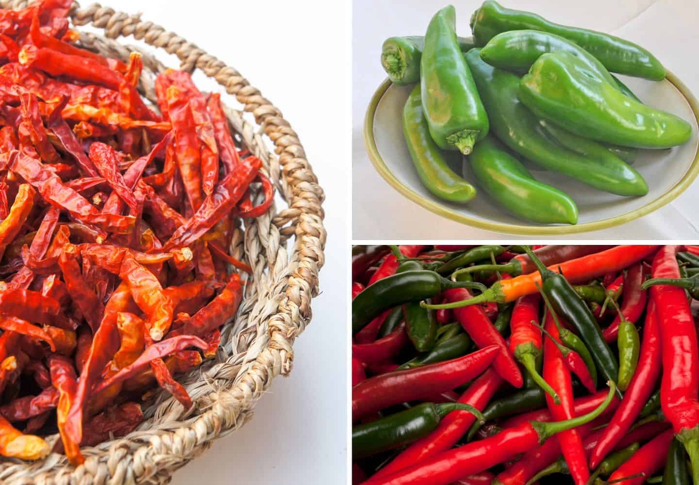 3 types of chilli: dried, green and bird eye