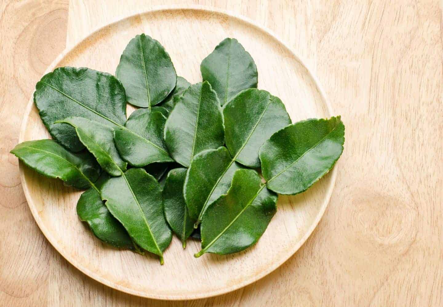 A light brown table with a plate of kaffir lime leaves on it