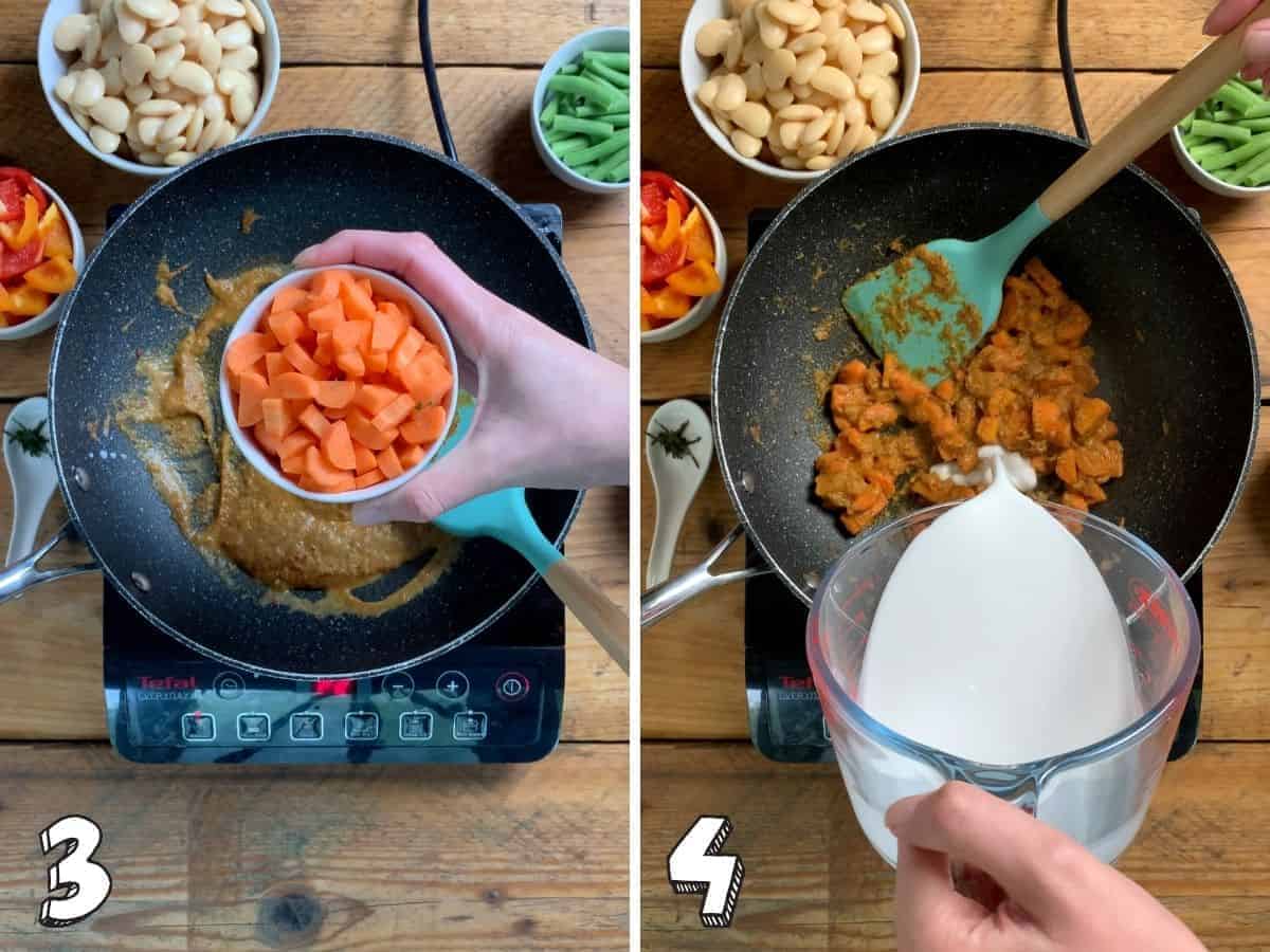 Two images showing carrots being added in, and coconut milk being poured from a jug