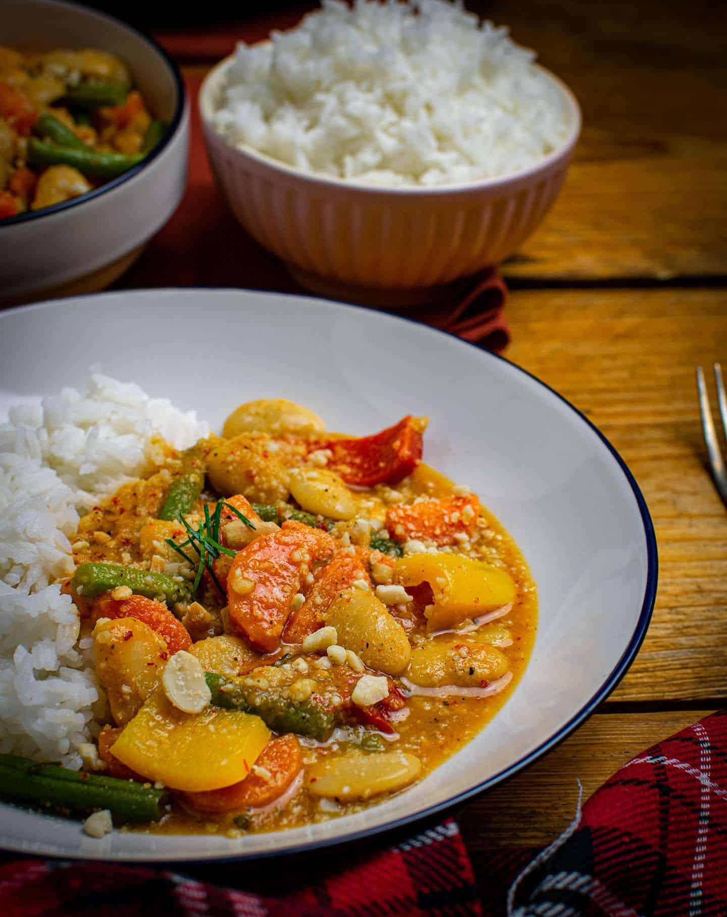 A curry with rice on a white plate with more rice in the background