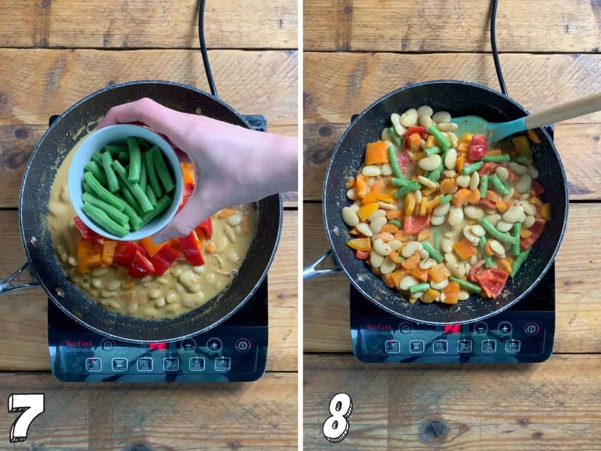 Two images, one on the left with green beans held up over a wok, one on the right with the vegan panang curry simmering in a wok