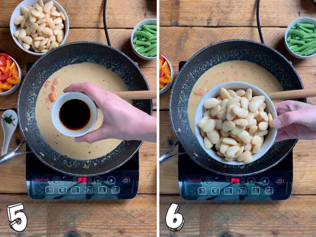 Two images, one showing soy sauce being added to a pan, and butter beans being added in the second image