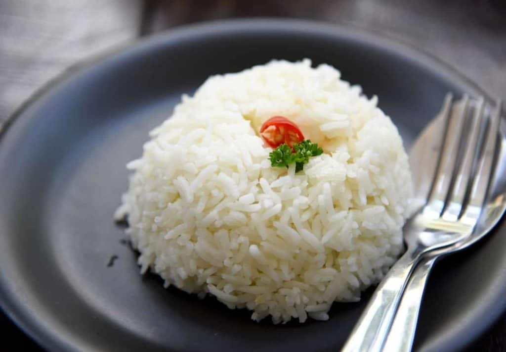 A dome of jasmine rice on a grey plate