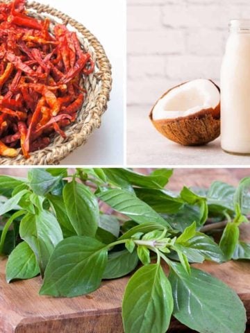 Key Thai ingredients in a montage showing dried red chillies, coconut milk and Thai basil leaves
