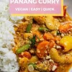 Pinterest image showing a close up of panang curry and rice with a title on a pink background above it