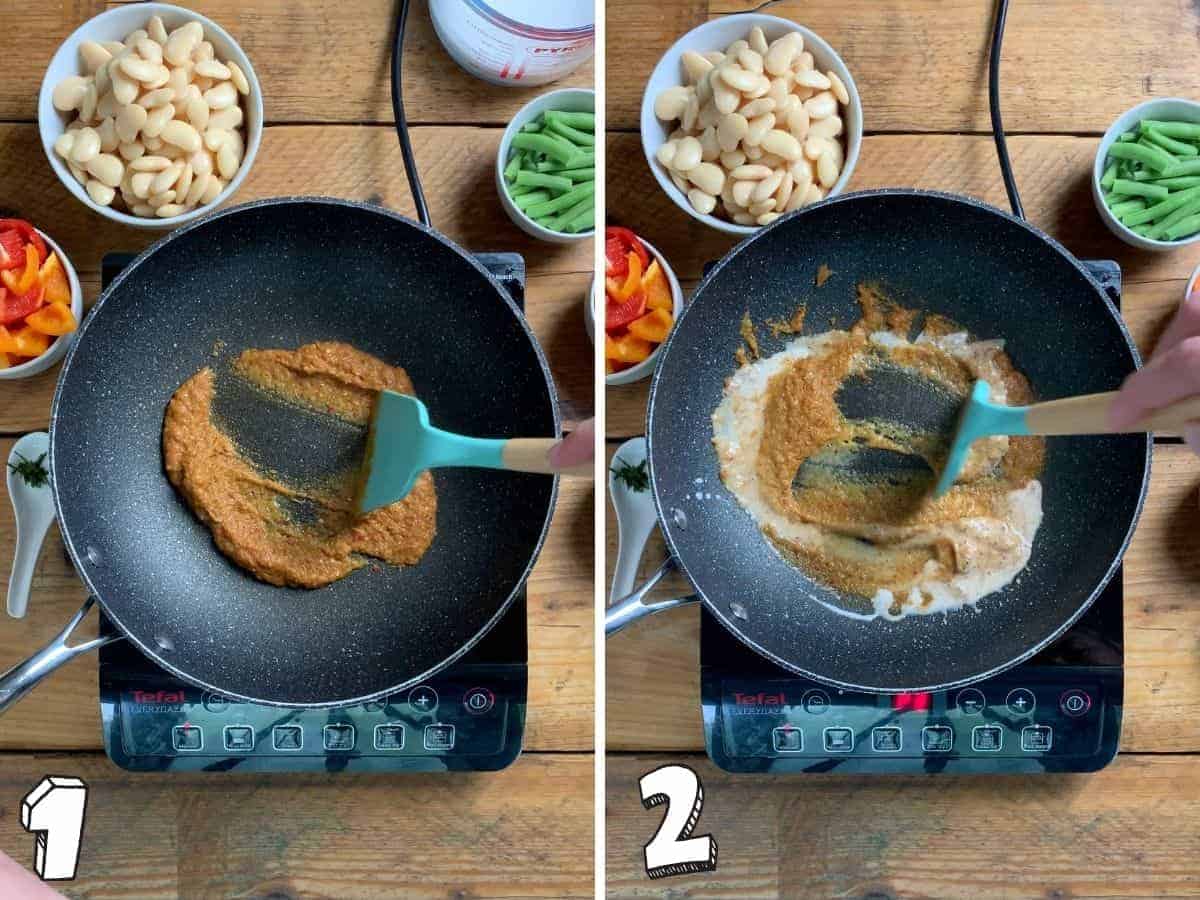 Two images showing curry paste in a wok and then coconut milk added in