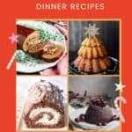 Red pinterest image with the title '79 Vegan Christmas Dinner Recipes' and 4 images showing – seitan roast, nut roast in the shape of a Christmas tree, yule log and a Christmas pudding
