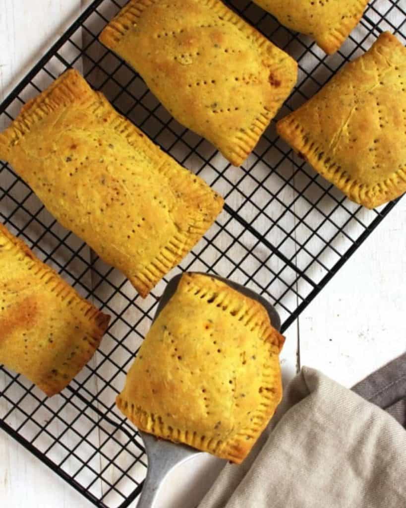 Pasties on a black wire tray