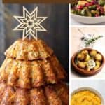 A pinterest image showing 4 Christmas meals – nut roast, sprouts, roast potatoes and sweet potato mash, with the title '79 Vegan Christmas Dinner Recipes'