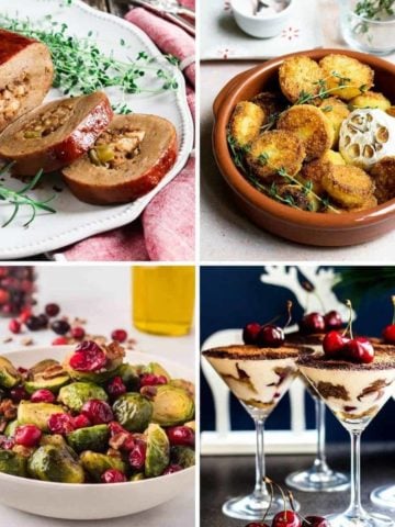 Vegan Christmas Dinner collage showing a holiday roast, potatoes, sprouts and tiramisu