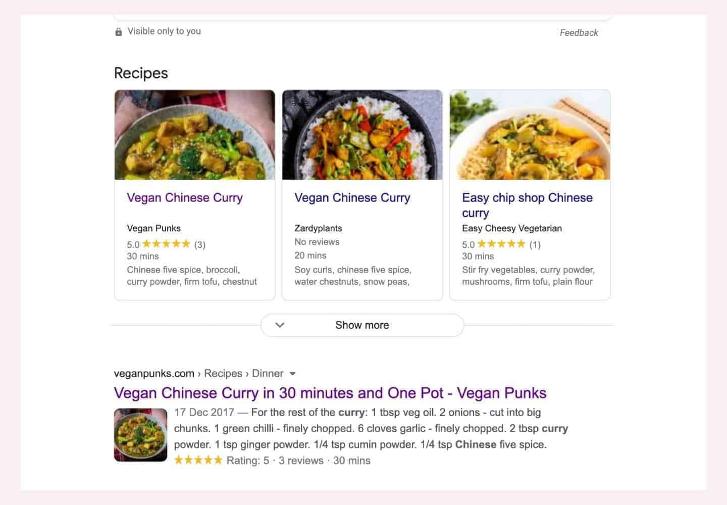 Screen shot of google search results showing our recipe with a rich snippet
