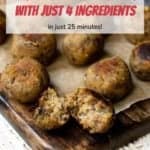Pinterest image of sage and onion stuffing balls with a title in red at the top, with a close up image of one ball broken in half