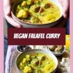 Pinterest image with the title 'Vegan Falafel Curry' showing two images one above the other of a yellow falafel curry with korma sauce
