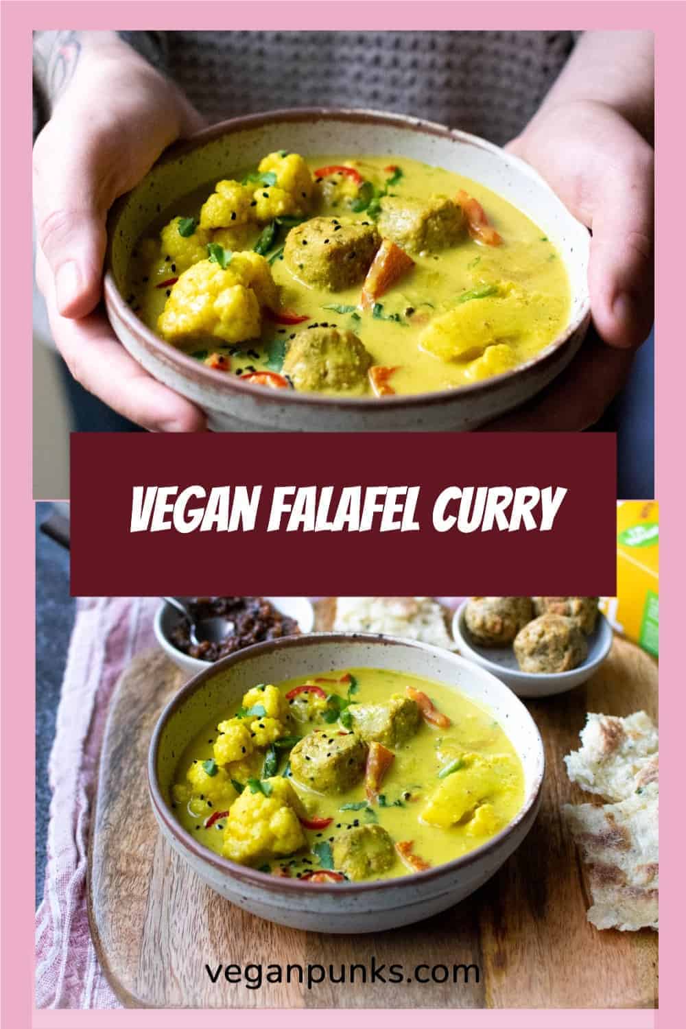 Pinterest image with the title 'Vegan Falafel Curry' showing two images one above the other of a yellow falafel curry with korma sauce