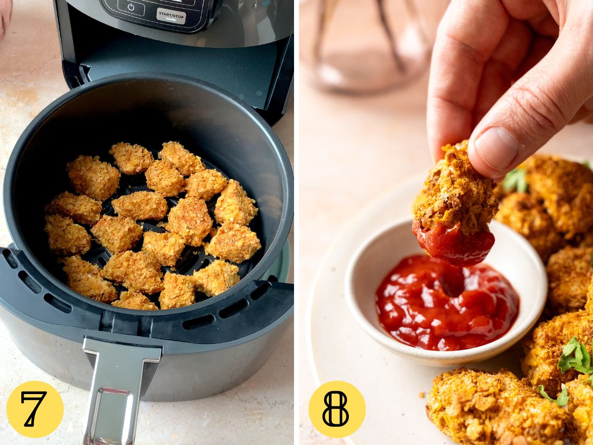 Vegan chicken nuggets in an air fryer basket and also dipped into tomato ketchup.