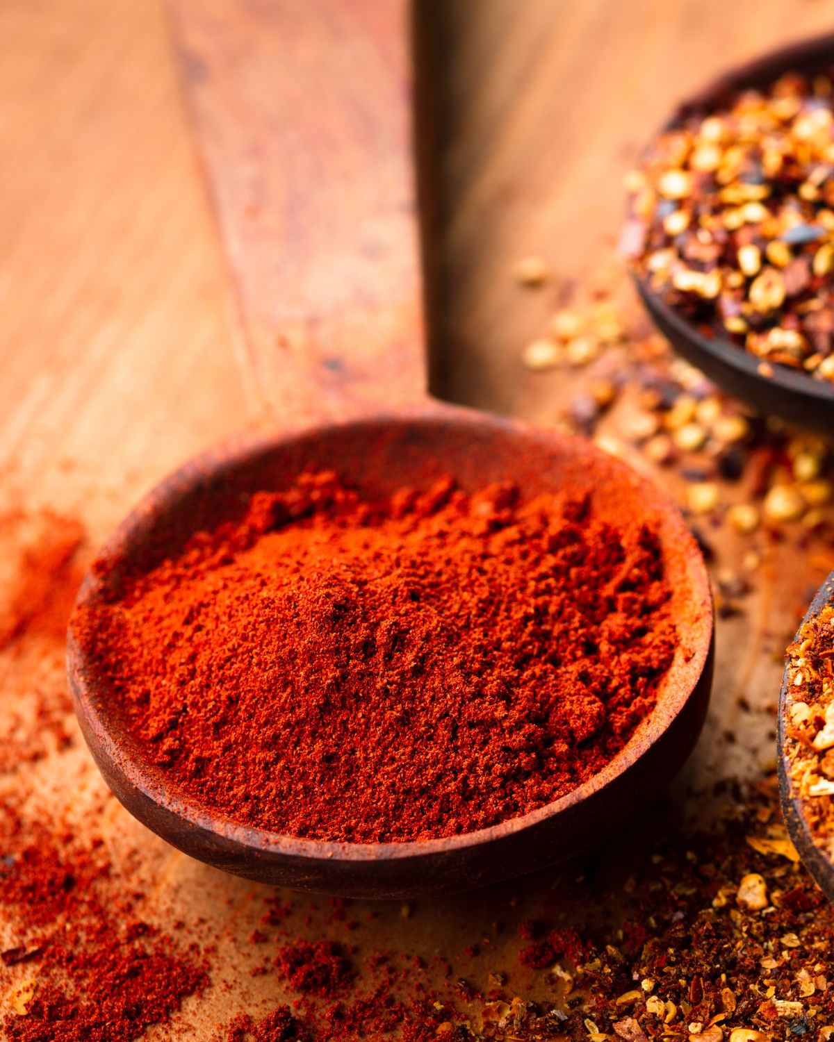 Chili powder on a wooden spoon.